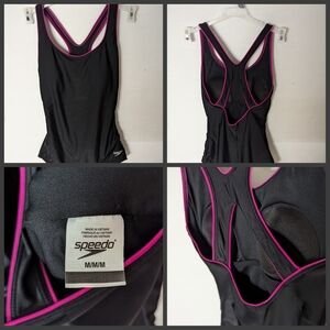 Speedo racer back swim suit black with pink piping sz M